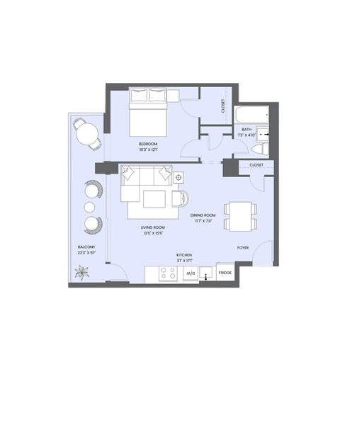 A floor plan of a house with a garage, living room, dining room, kitchen, and two bedrooms.